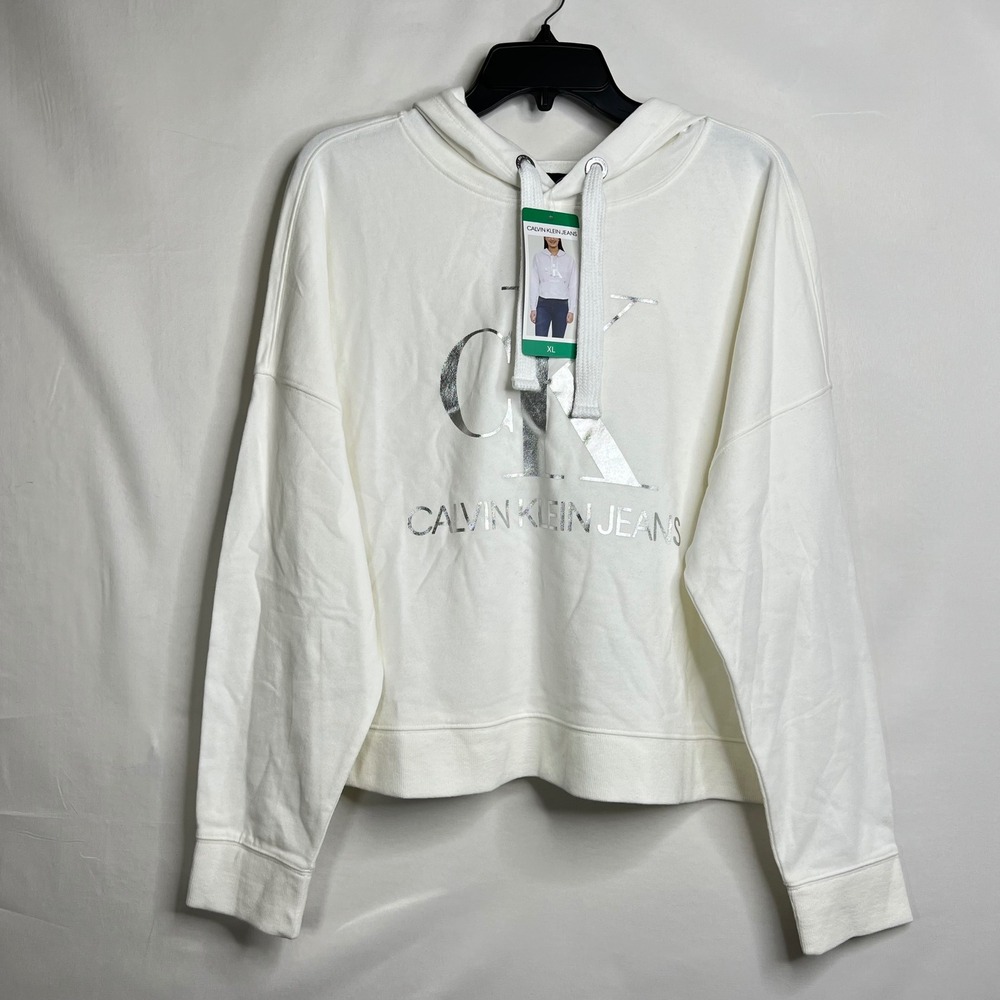 Calvin Klein Hoodie Women XL White Silver Metallic Logo Crop Sweatshirt Cozy NWT